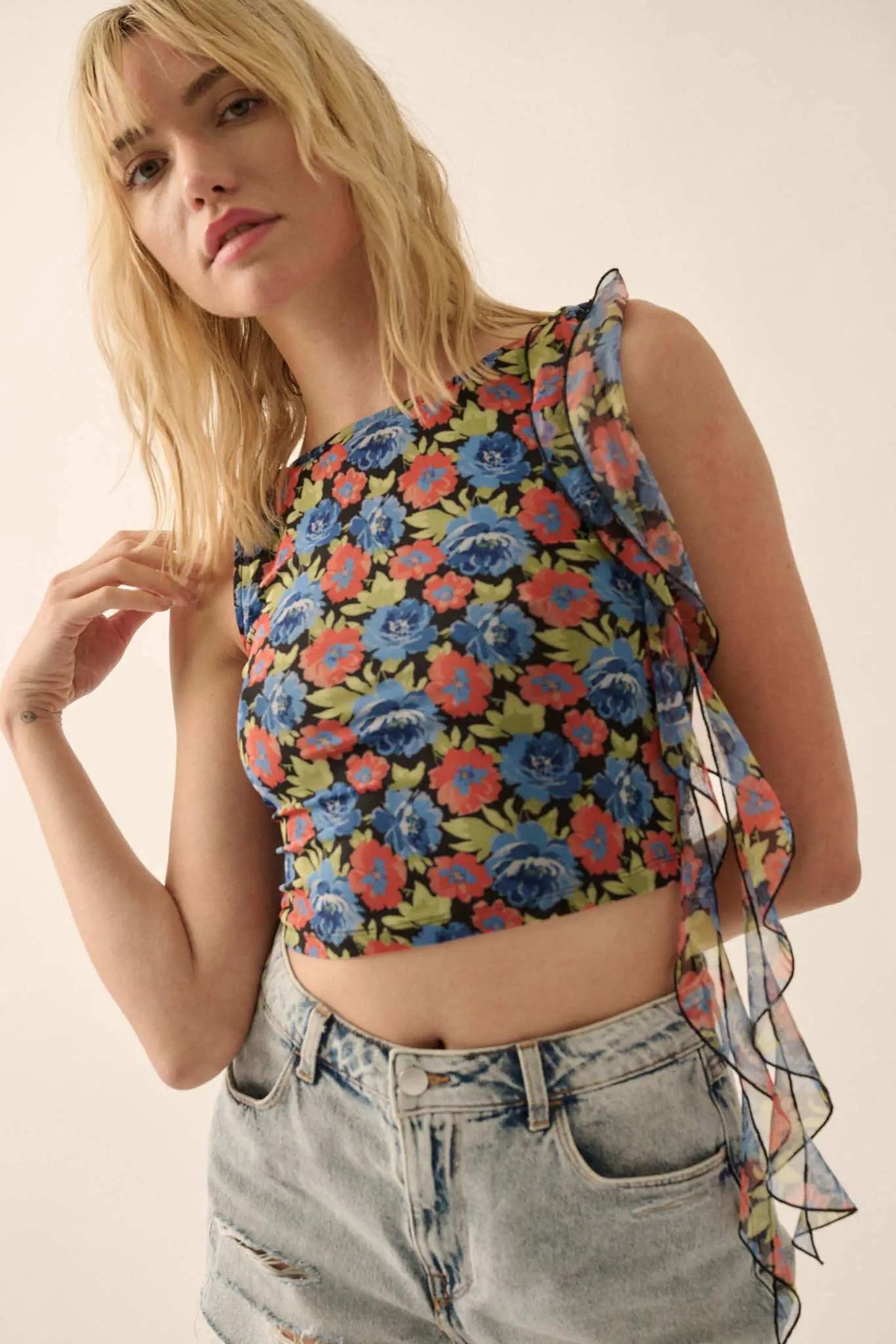 Mesh Ruffle Top Bloom All Night Floral Mesh Ruffle Tie-Strap Top