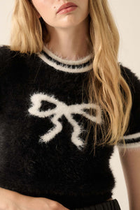 Bow Me Away Fuzzy Knit Short-Sleeve Sweater - ShopPromesa