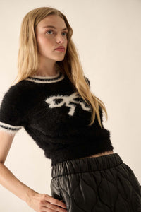 Bow Me Away Fuzzy Knit Short-Sleeve Sweater - ShopPromesa