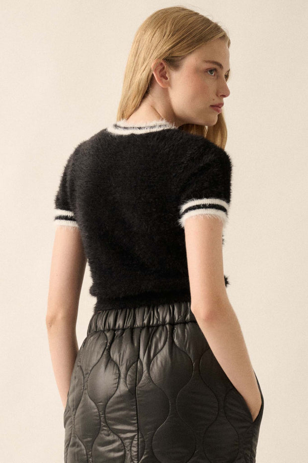 Bow Me Away Fuzzy Knit Short-Sleeve Sweater - ShopPromesa