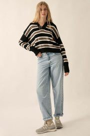 First in Line Striped Split-Neck Collared Sweater - ShopPromesa