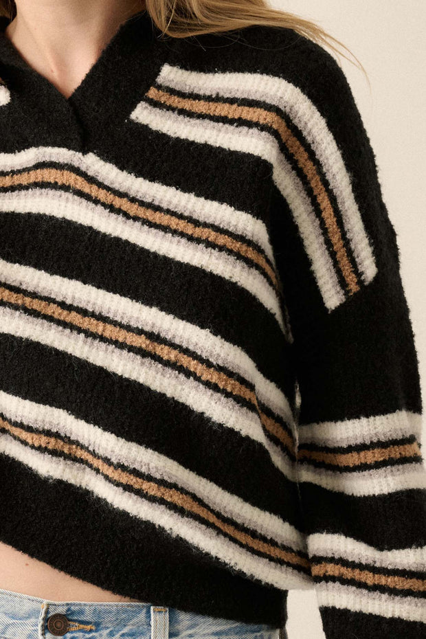 First in Line Striped Split-Neck Collared Sweater - ShopPromesa