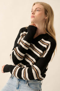 First in Line Striped Split-Neck Collared Sweater - ShopPromesa