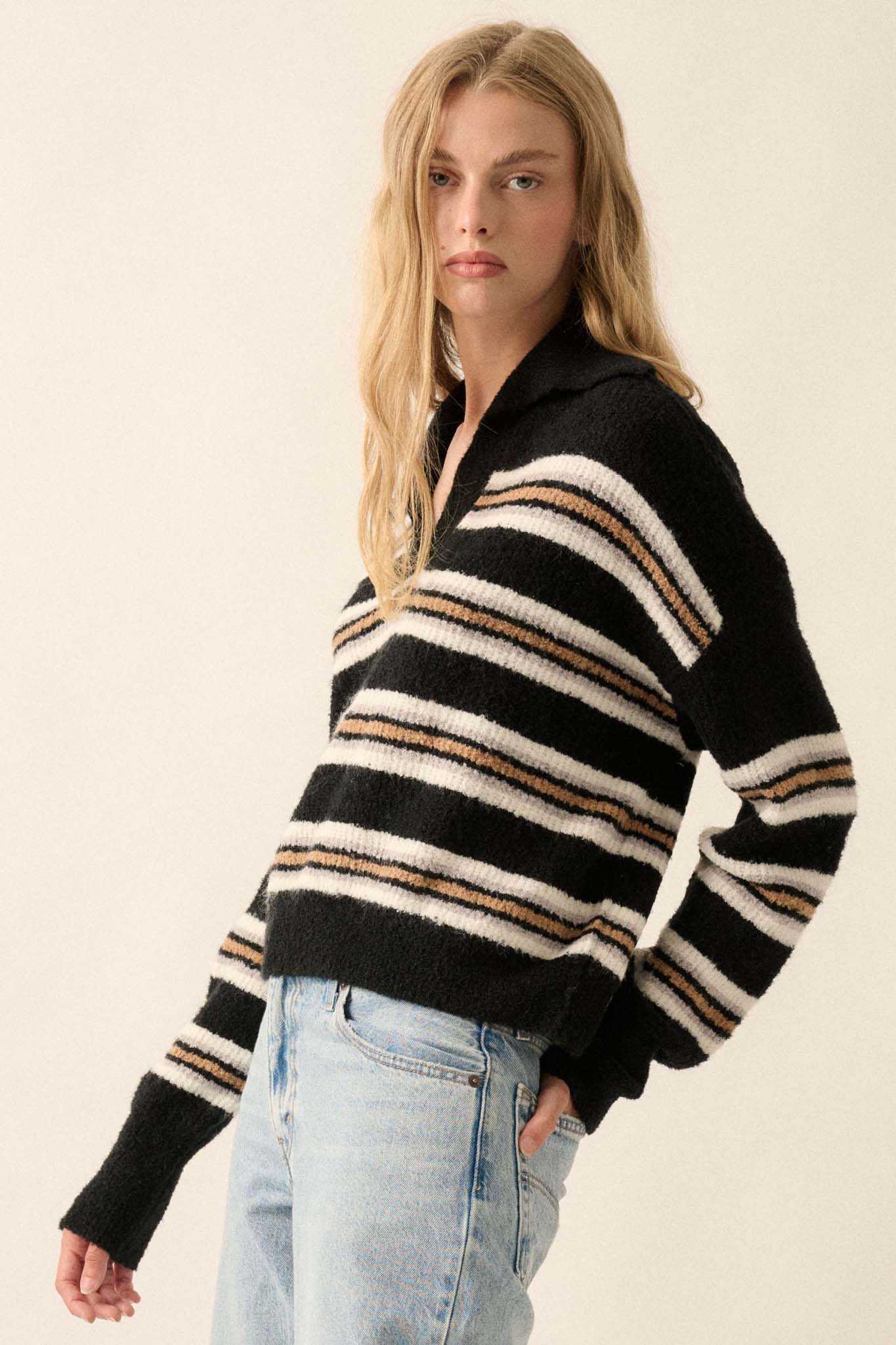 First in Line Striped Split-Neck Collared Sweater - ShopPromesa