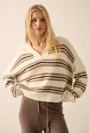 First in Line Striped Split-Neck Collared Sweater - ShopPromesa