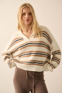 First in Line Striped Split-Neck Collared Sweater - ShopPromesa