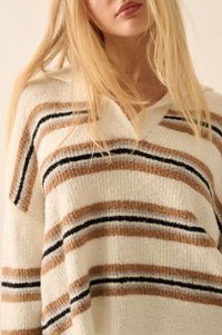 First in Line Striped Split-Neck Collared Sweater - ShopPromesa