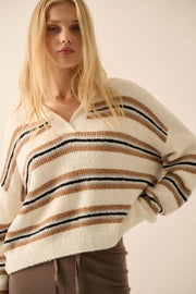 First in Line Striped Split-Neck Collared Sweater - ShopPromesa