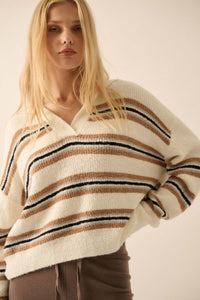 First in Line Striped Split-Neck Collared Sweater - ShopPromesa