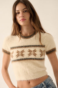 Bunny Slope Fuzzy Knit Short-Sleeve Alpine Sweater - ShopPromesa