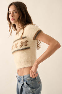 Bunny Slope Fuzzy Knit Short-Sleeve Alpine Sweater - ShopPromesa