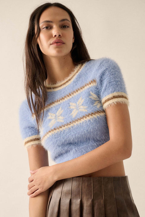 Bunny Slope Fuzzy Knit Short-Sleeve Alpine Sweater - ShopPromesa