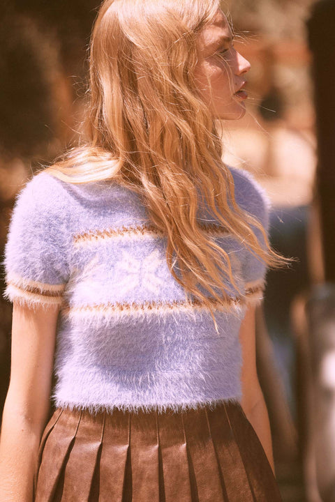 Bunny Slope Fuzzy Knit Short-Sleeve Alpine Sweater - ShopPromesa