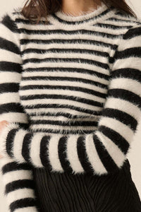 Outside the Lines Striped Fuzzy Knit Crop Sweater - ShopPromesa