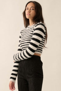 Outside the Lines Striped Fuzzy Knit Crop Sweater - ShopPromesa