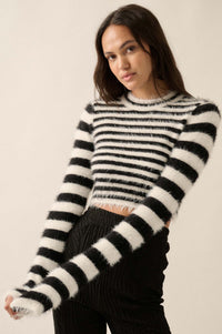 Outside the Lines Striped Fuzzy Knit Crop Sweater - ShopPromesa