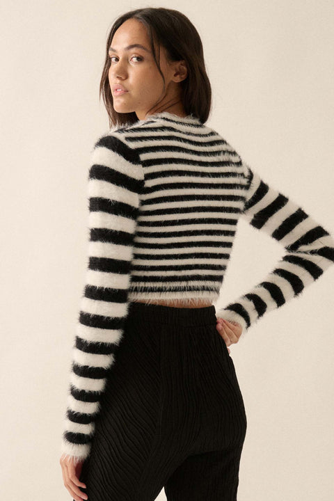 Outside the Lines Striped Fuzzy Knit Crop Sweater - ShopPromesa