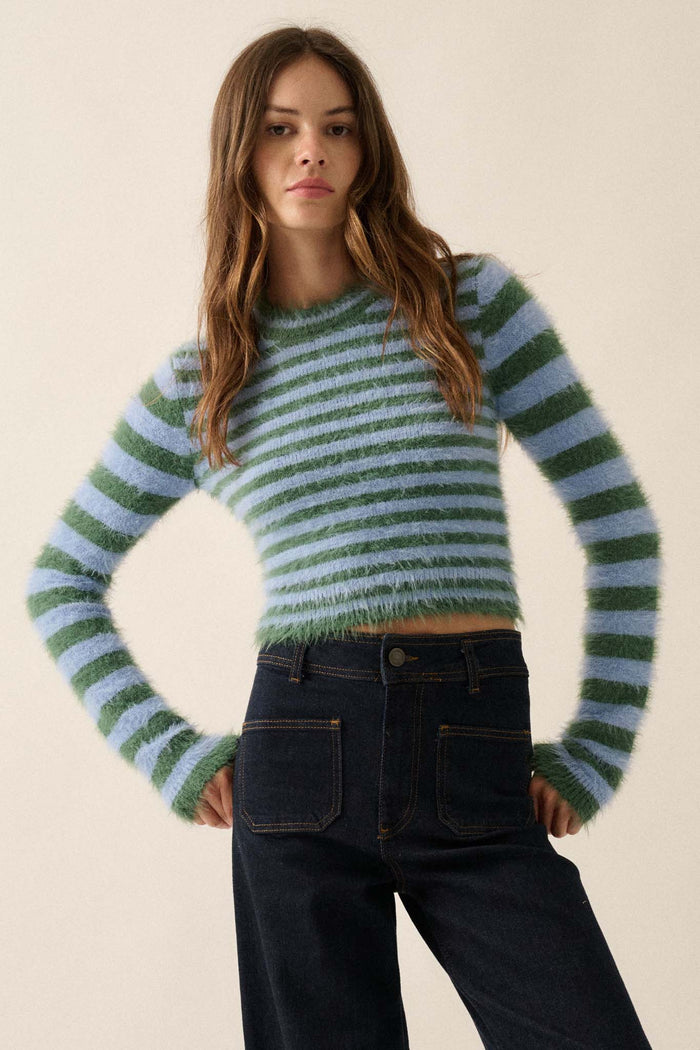 Outside the Lines Striped Fuzzy Knit Crop Sweater - ShopPromesa