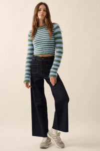 Outside the Lines Striped Fuzzy Knit Crop Sweater - ShopPromesa