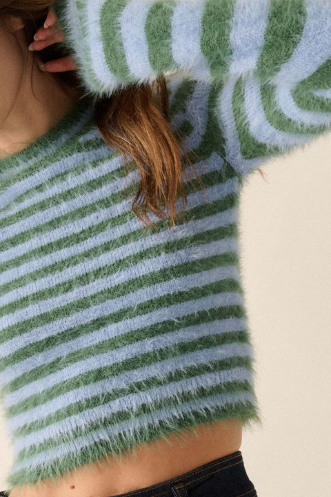 Outside the Lines Striped Fuzzy Knit Crop Sweater - ShopPromesa