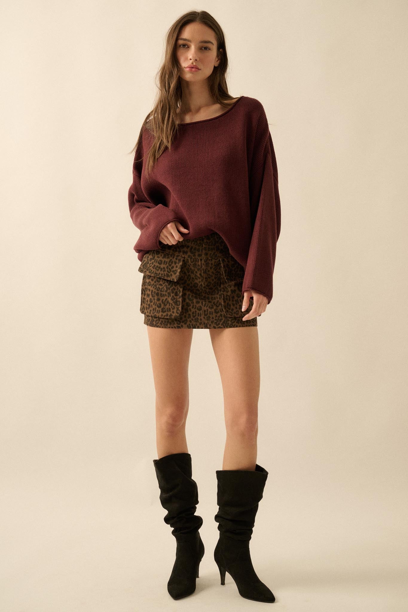 Chill Vibes Rolled-Edge Ribbed Knit Sweater