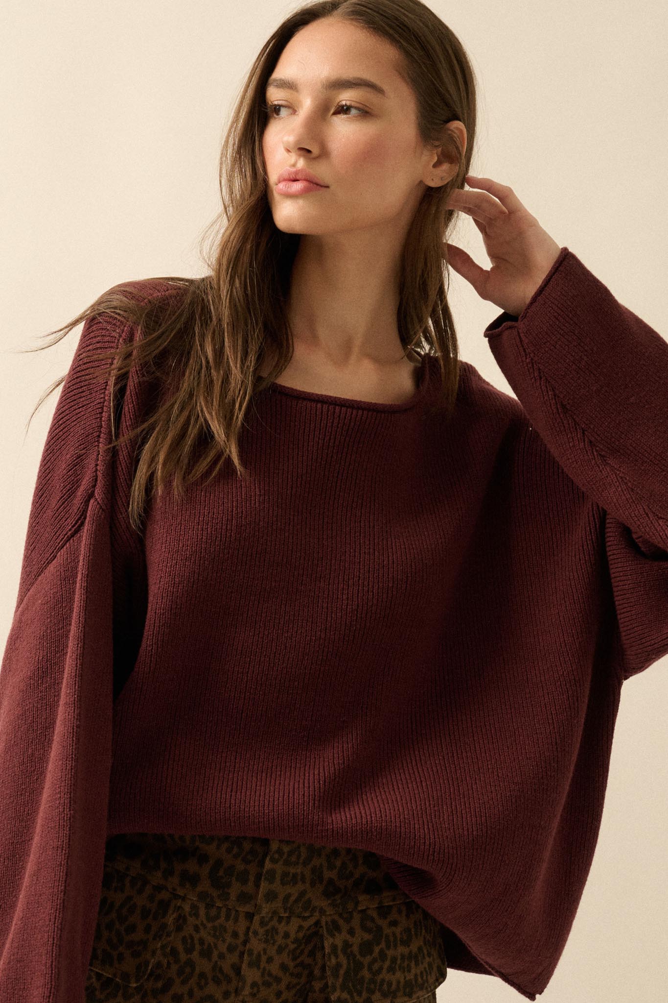 Chill Vibes Rolled-Edge Ribbed Knit Sweater