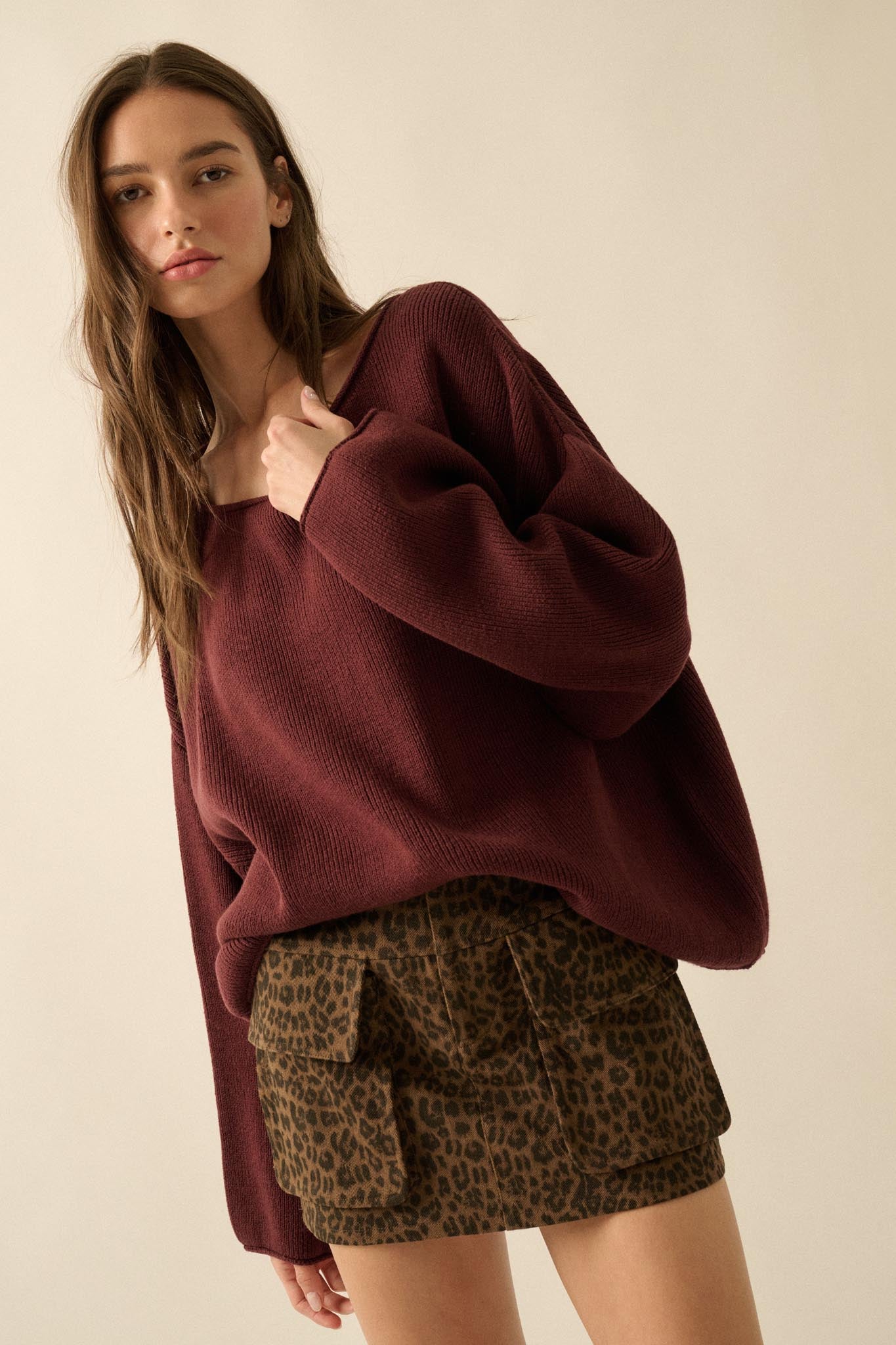 Chill Vibes Rolled-Edge Ribbed Knit Sweater
