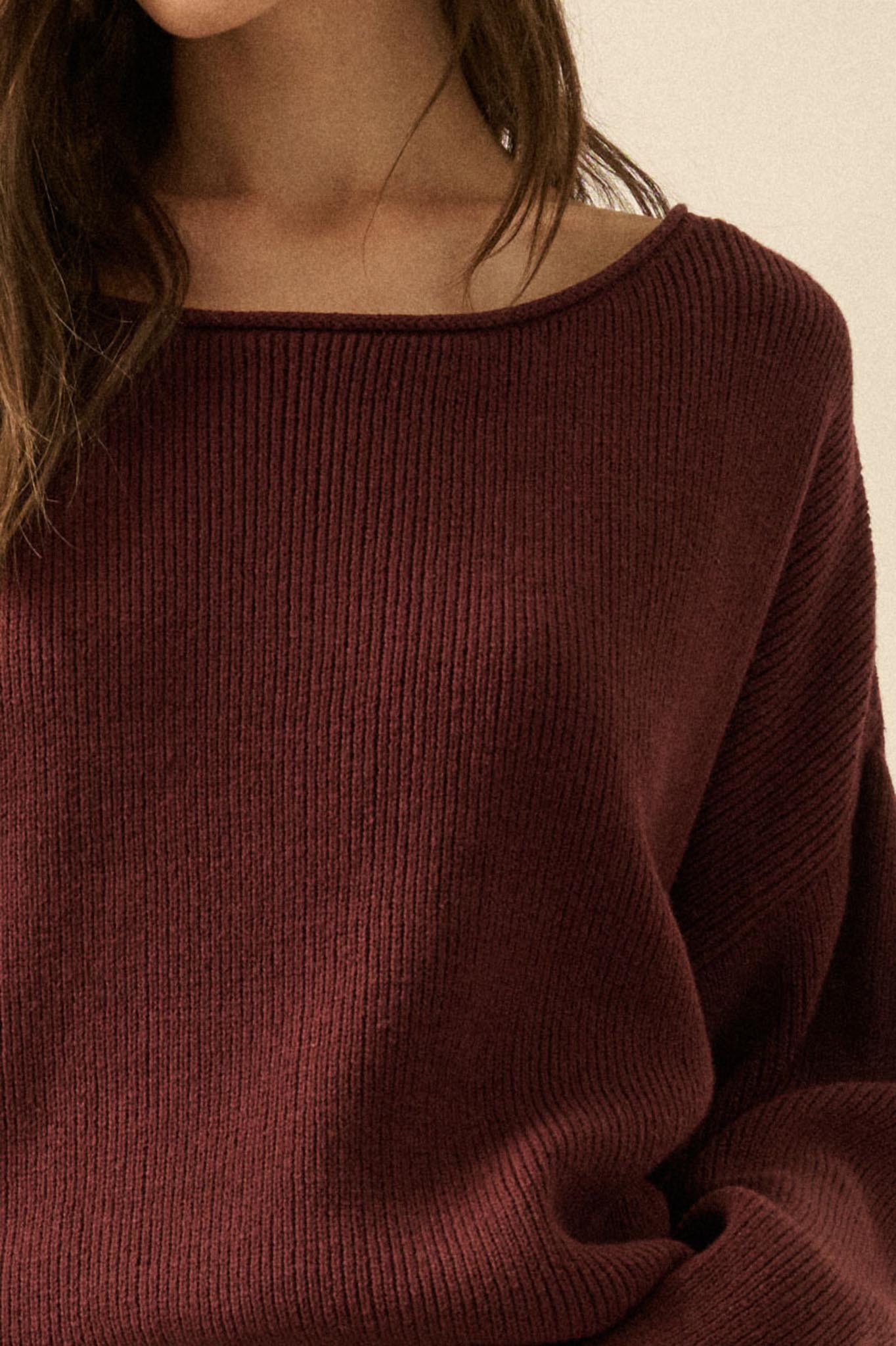 Chill Vibes Rolled-Edge Ribbed Knit Sweater