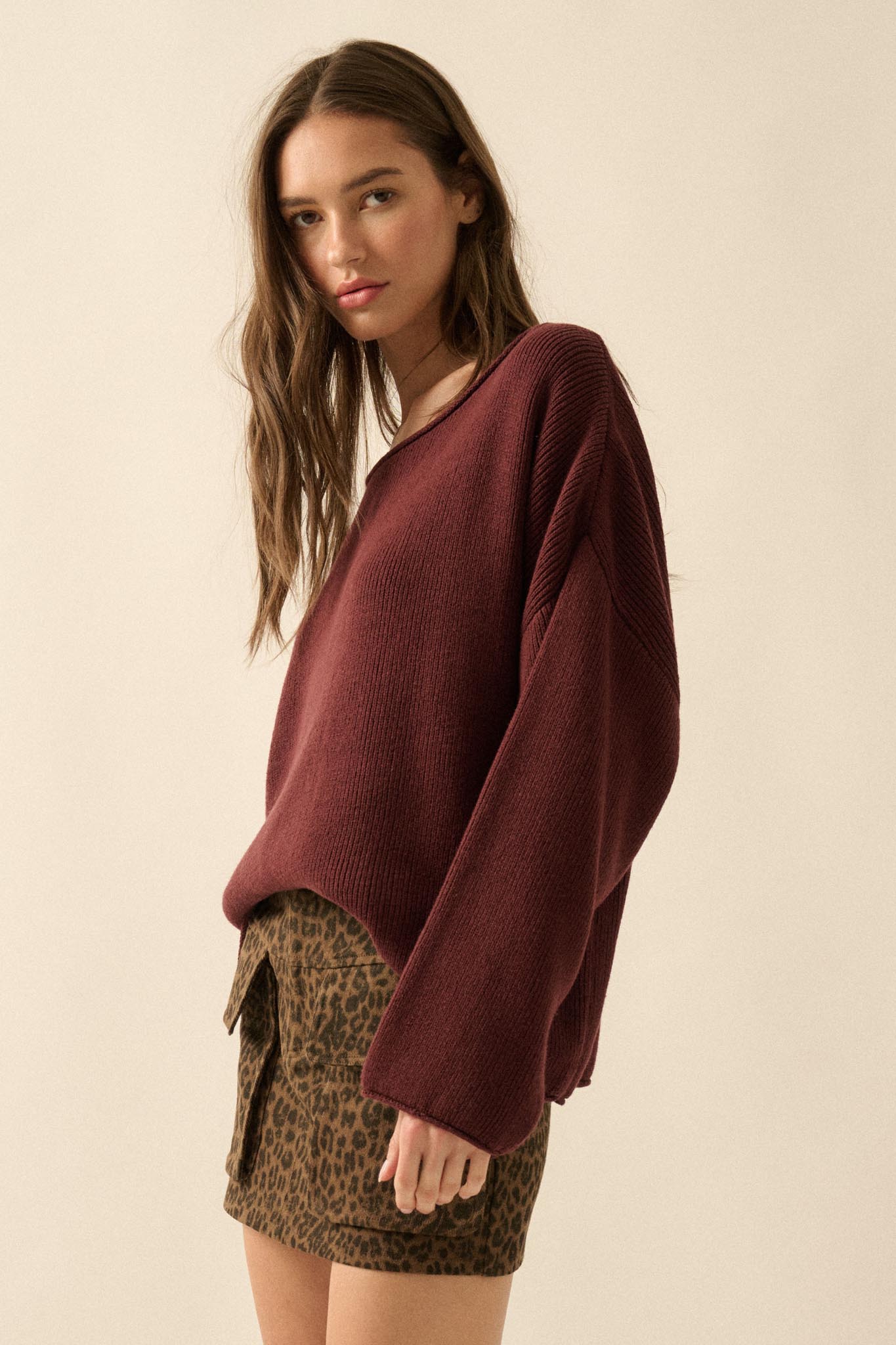 Chill Vibes Rolled-Edge Ribbed Knit Sweater