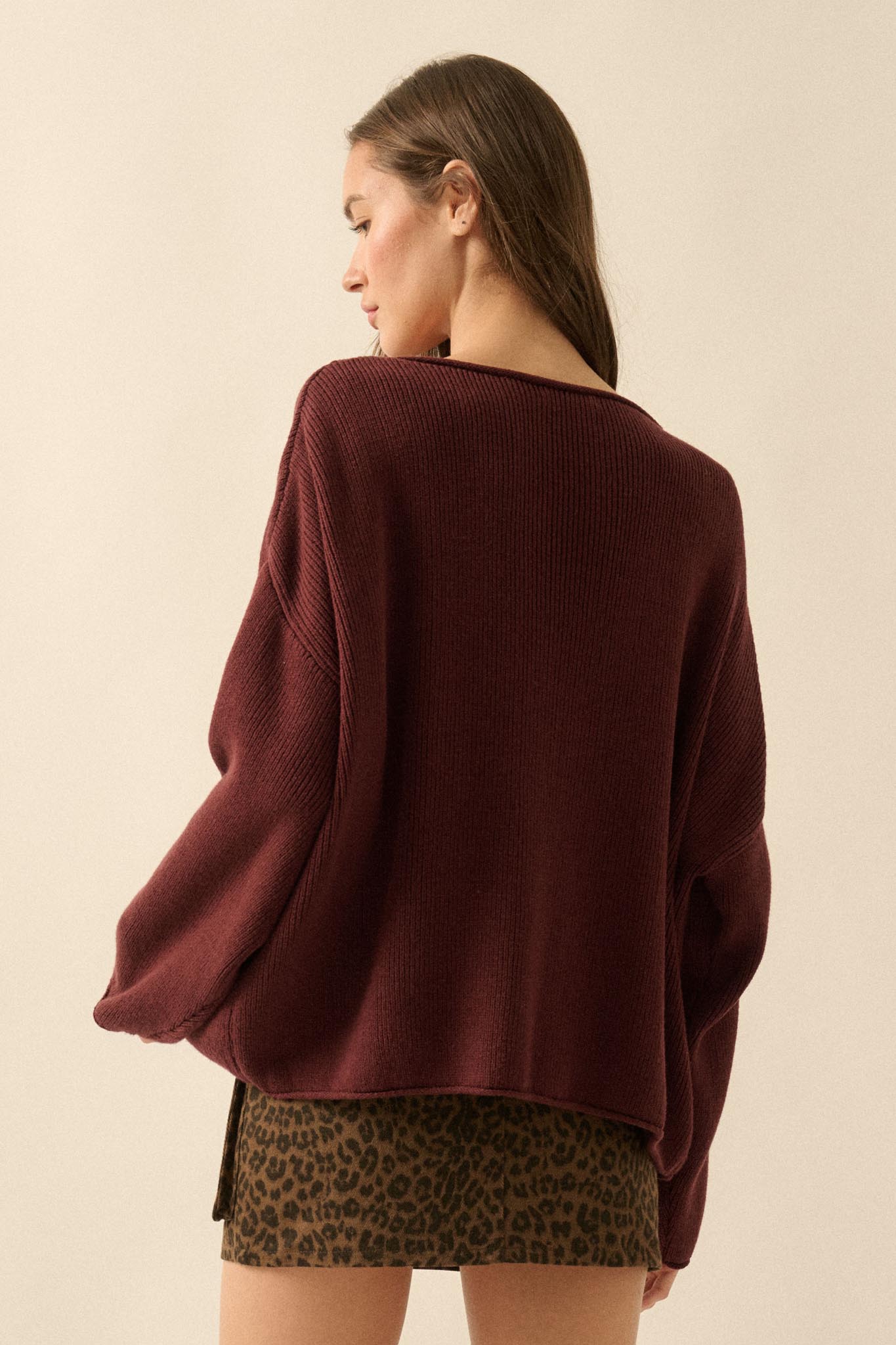 Chill Vibes Rolled-Edge Ribbed Knit Sweater
