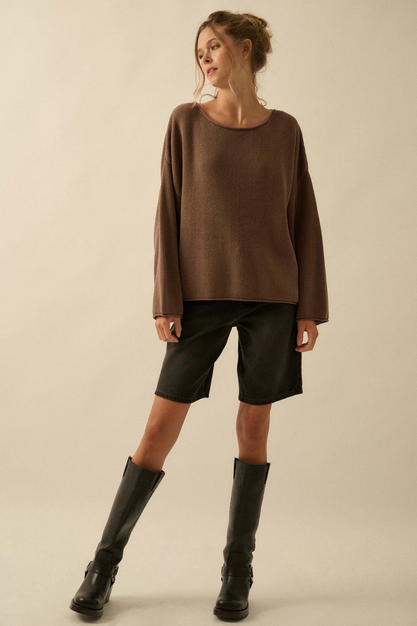 Chill Vibes Rolled-Edge Ribbed Knit Sweater
