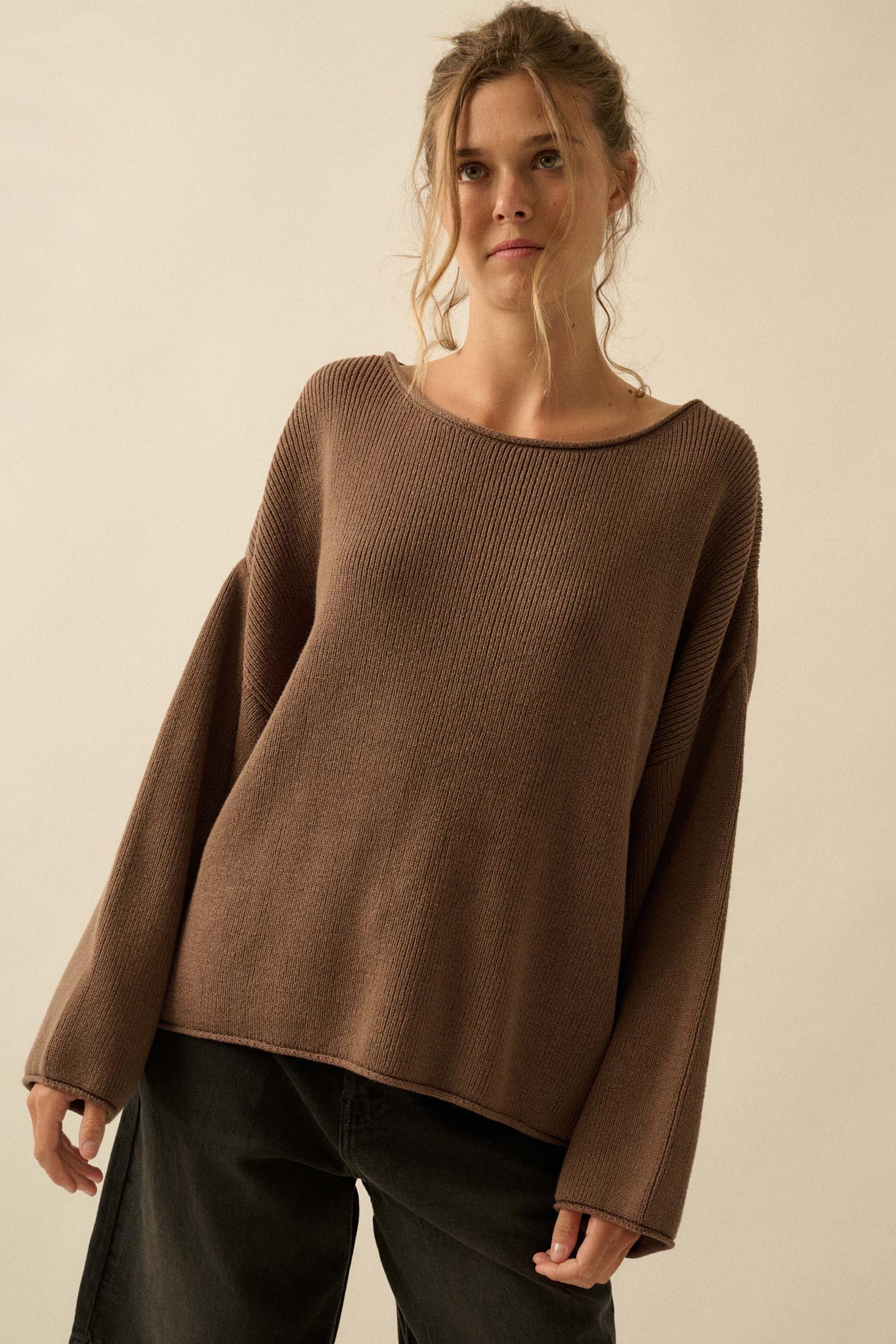 Chill Vibes Rolled-Edge Ribbed Knit Sweater