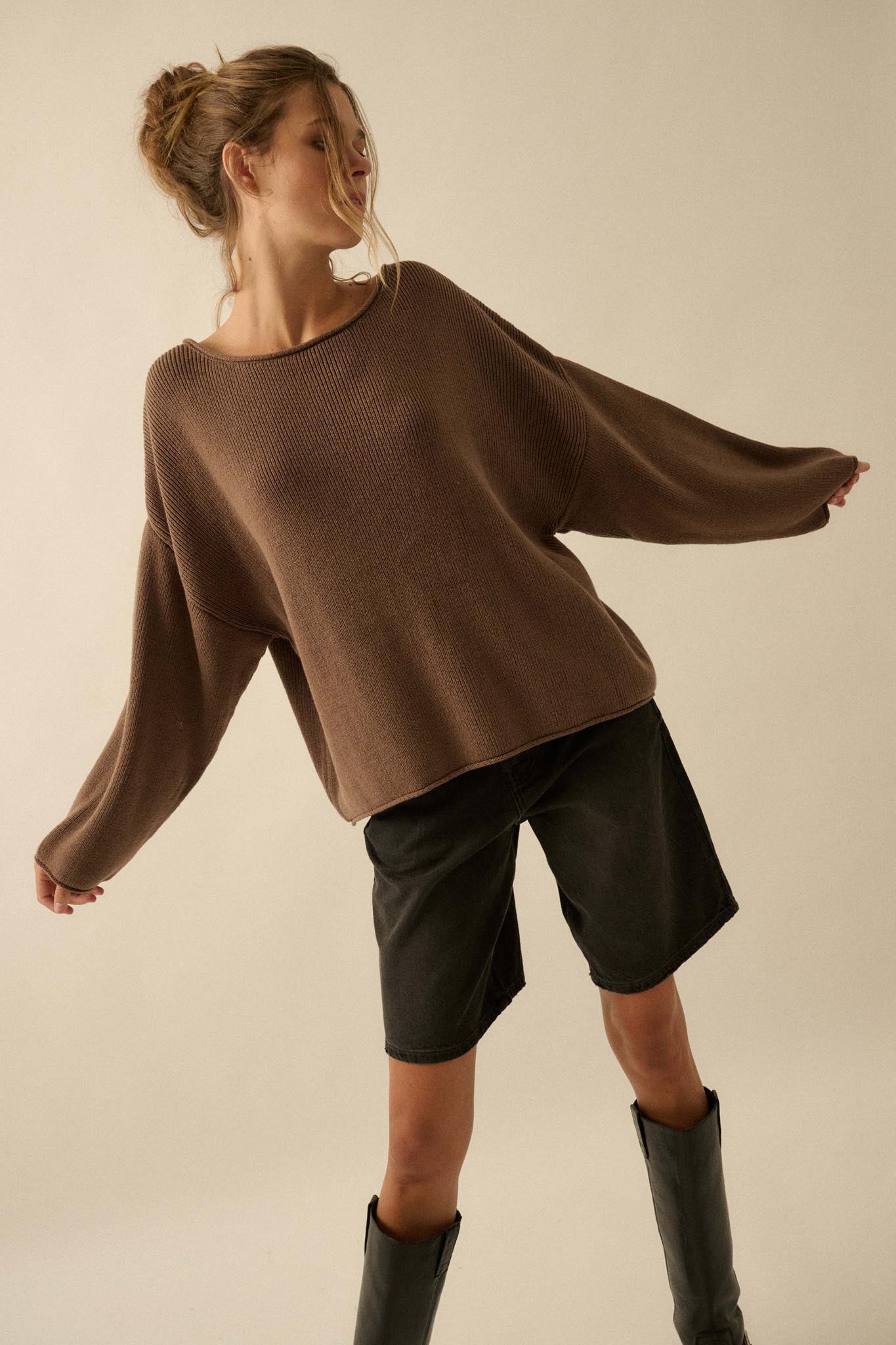 Chill Vibes Rolled-Edge Ribbed Knit Sweater
