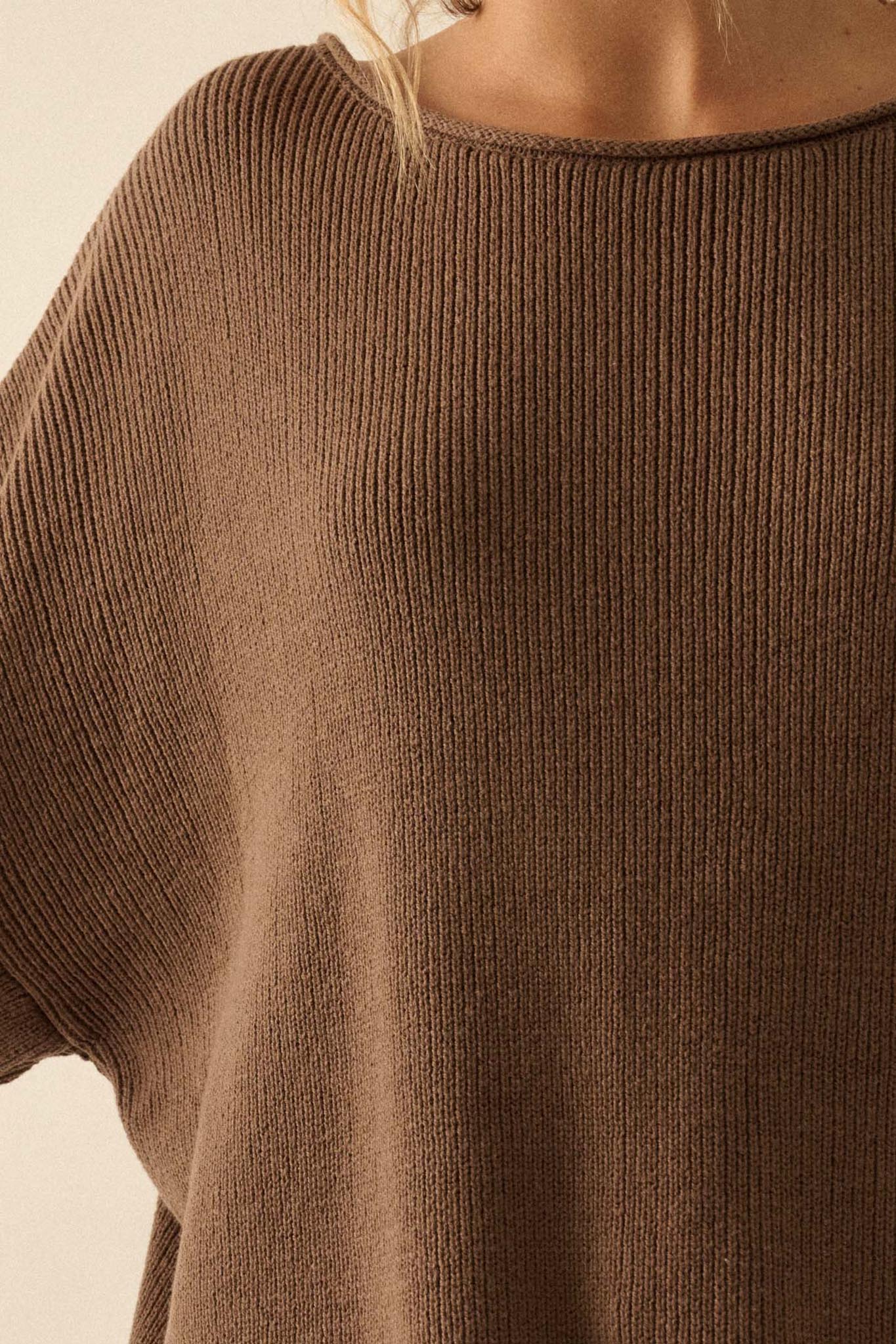 Chill Vibes Rolled-Edge Ribbed Knit Sweater