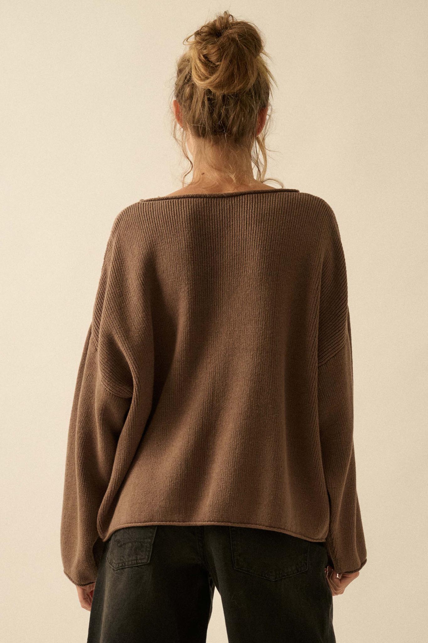 Chill Vibes Rolled-Edge Ribbed Knit Sweater