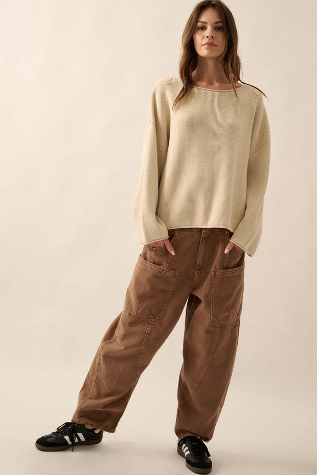 Chill Vibes Rolled-Edge Ribbed Knit Sweater - ShopPromesa