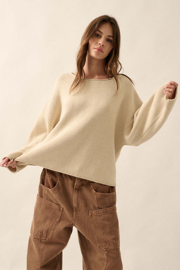 Chill Vibes Rolled-Edge Ribbed Knit Sweater - ShopPromesa