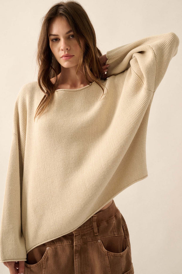 Chill Vibes Rolled-Edge Ribbed Knit Sweater - ShopPromesa