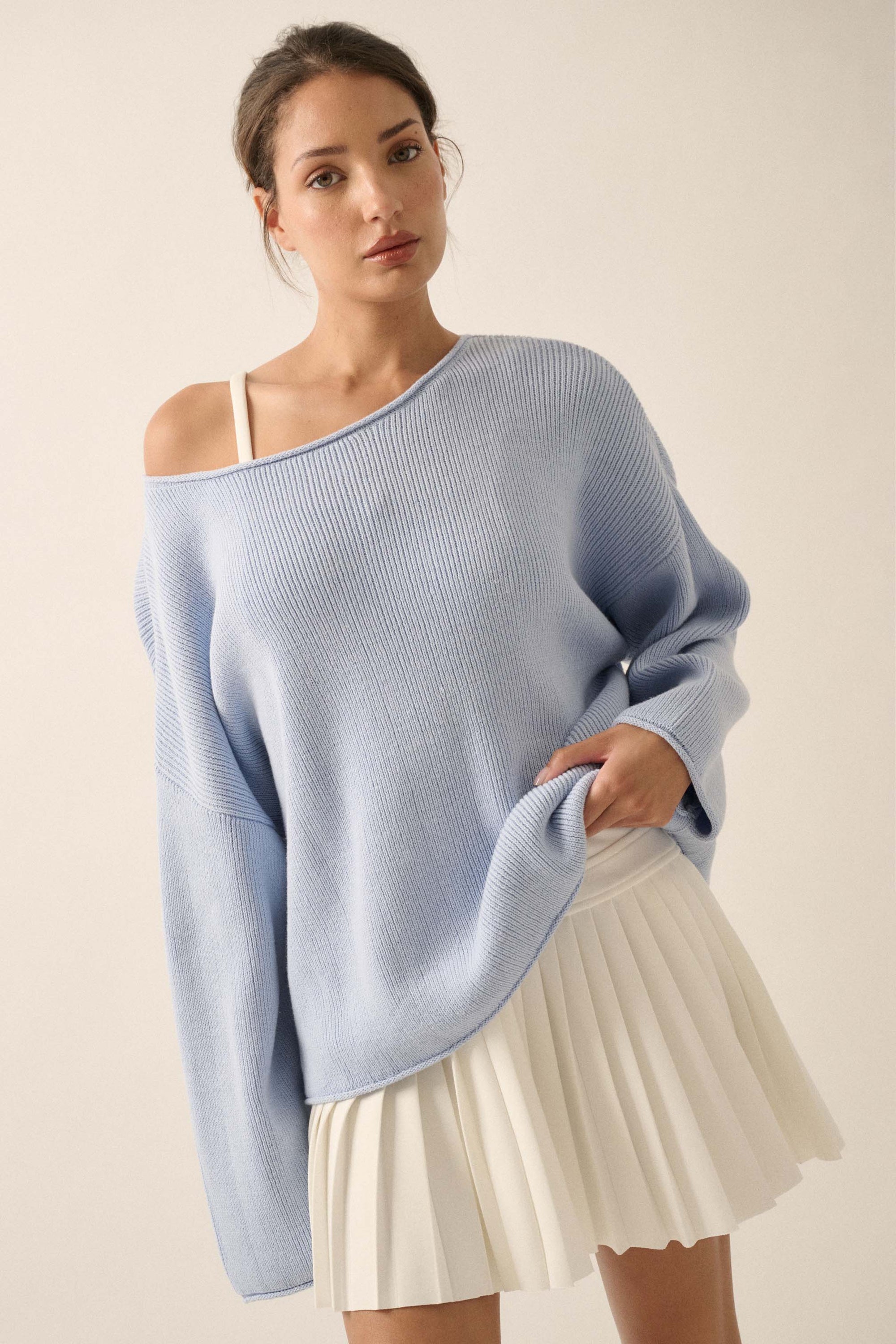 Chill Vibes Rolled-Edge Ribbed Knit Sweater