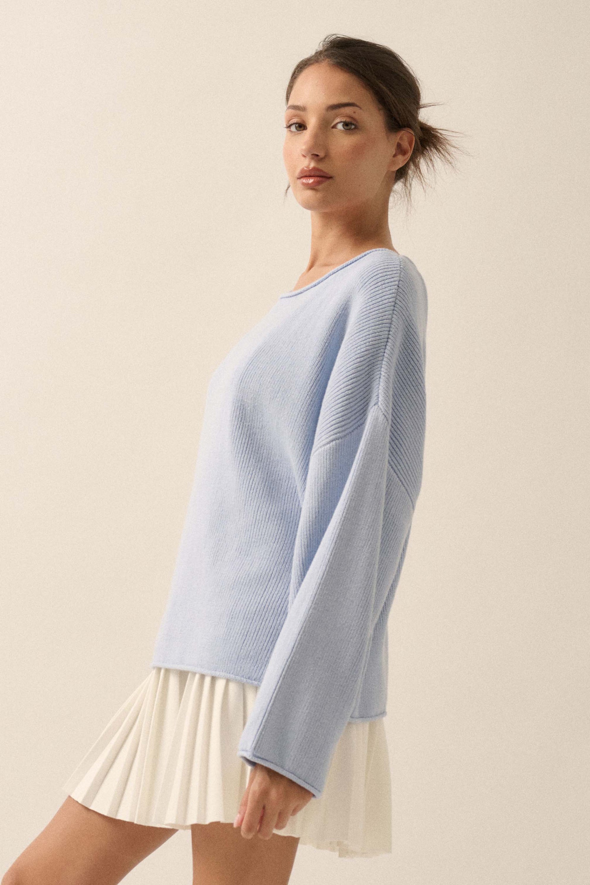 Chill Vibes Rolled-Edge Ribbed Knit Sweater