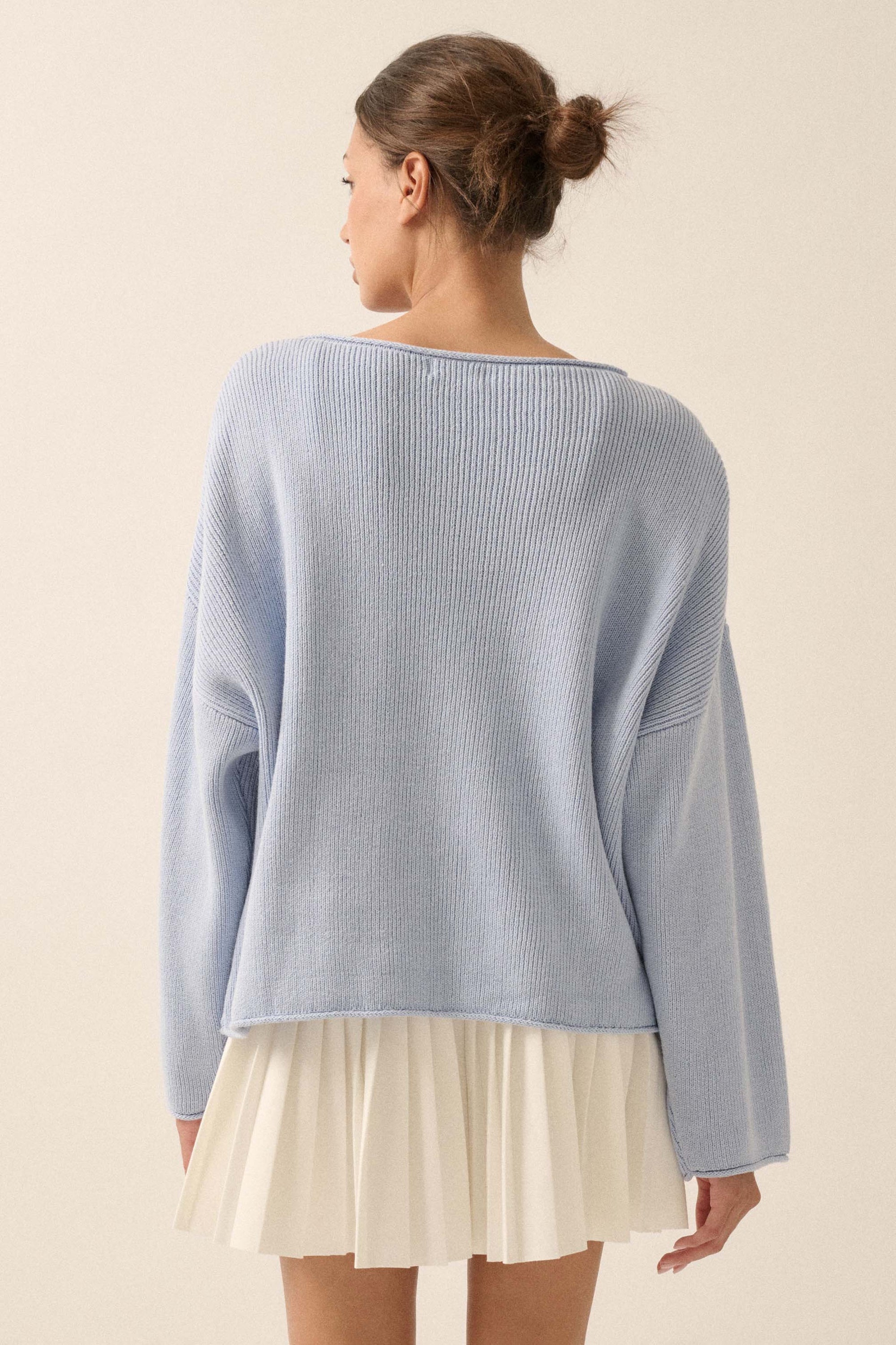 Chill Vibes Rolled-Edge Ribbed Knit Sweater