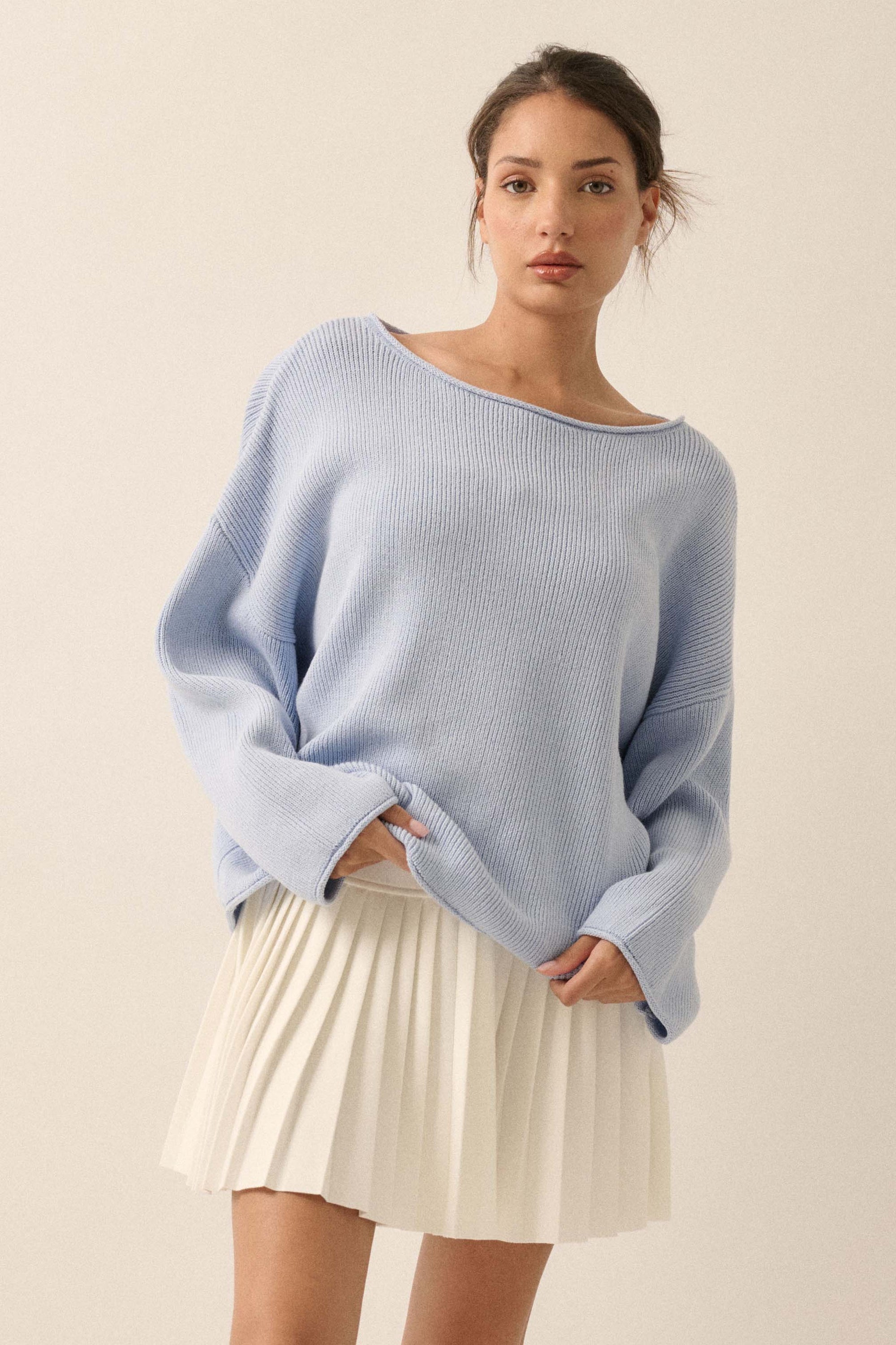 Chill Vibes Rolled-Edge Ribbed Knit Sweater