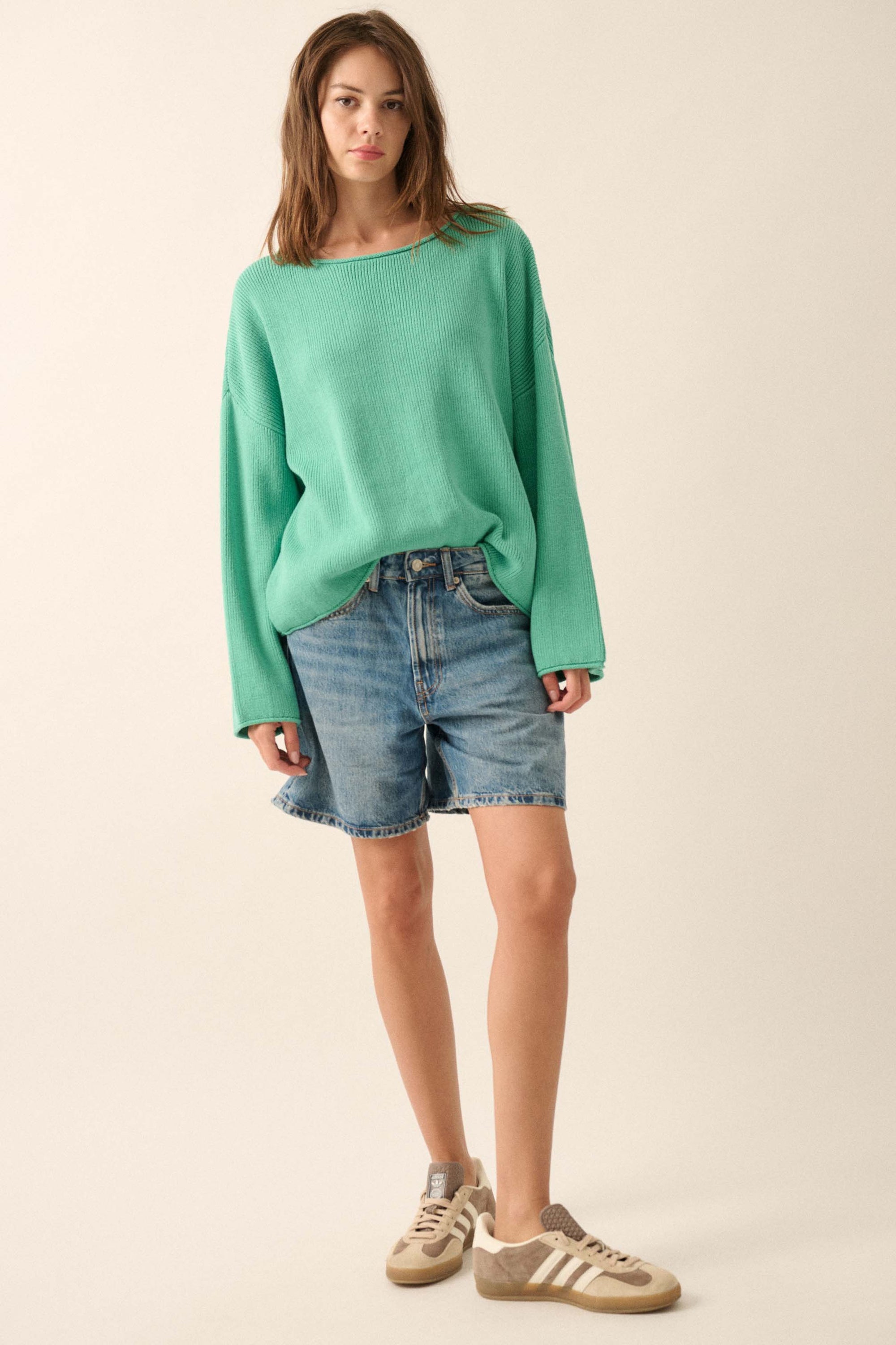 Chill Vibes Rolled-Edge Ribbed Knit Sweater