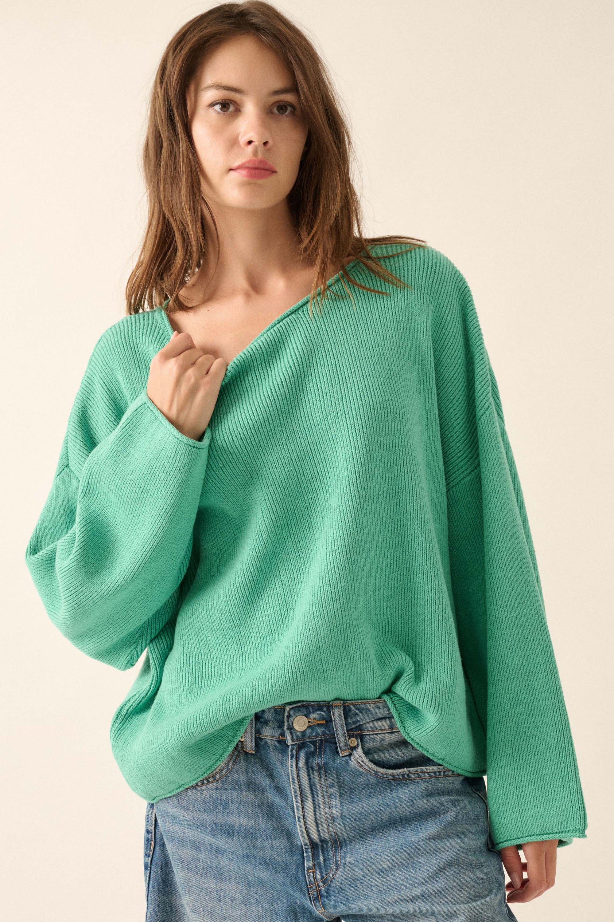 Chill Vibes Rolled-Edge Ribbed Knit Sweater