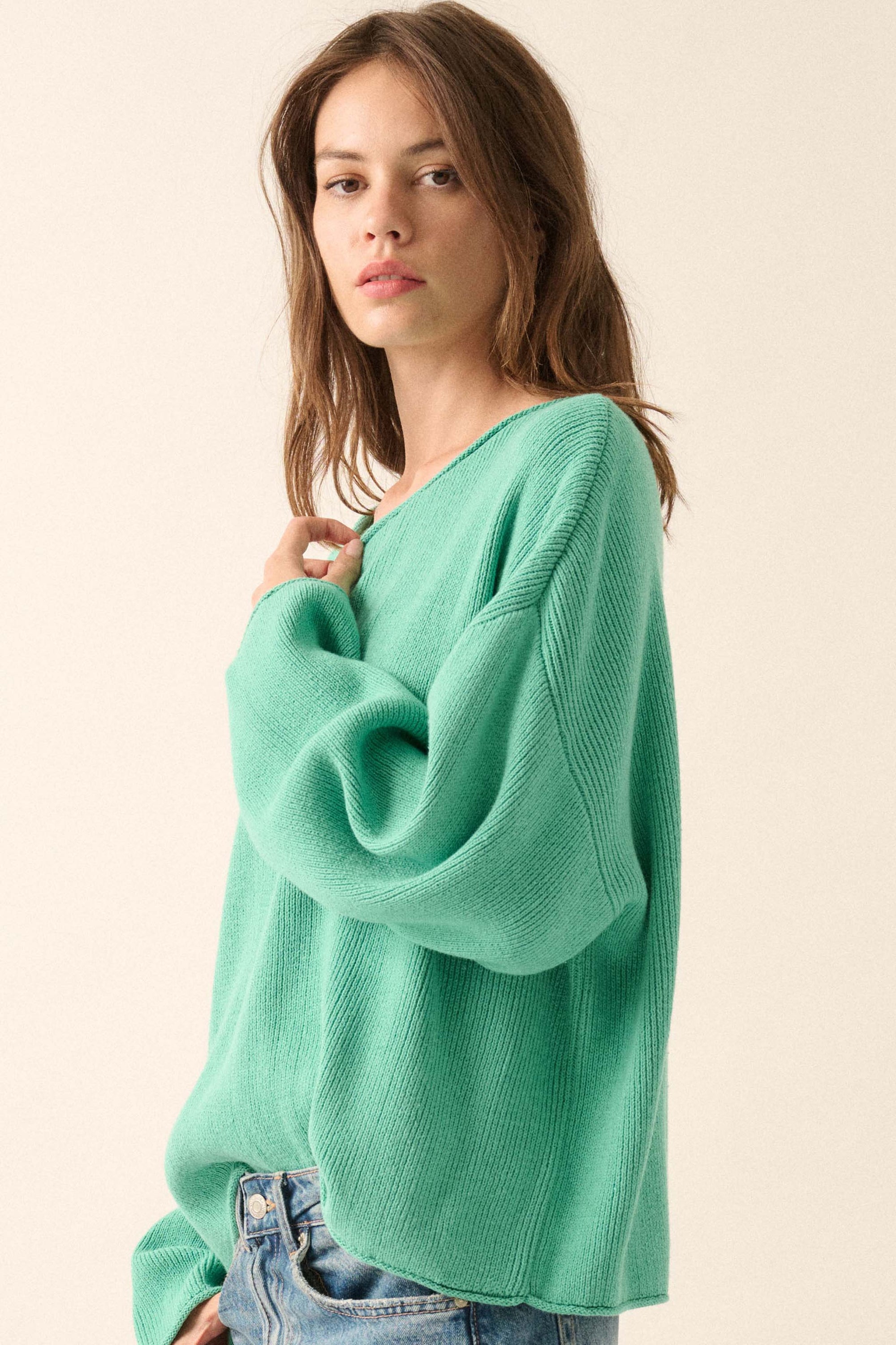 Chill Vibes Rolled-Edge Ribbed Knit Sweater