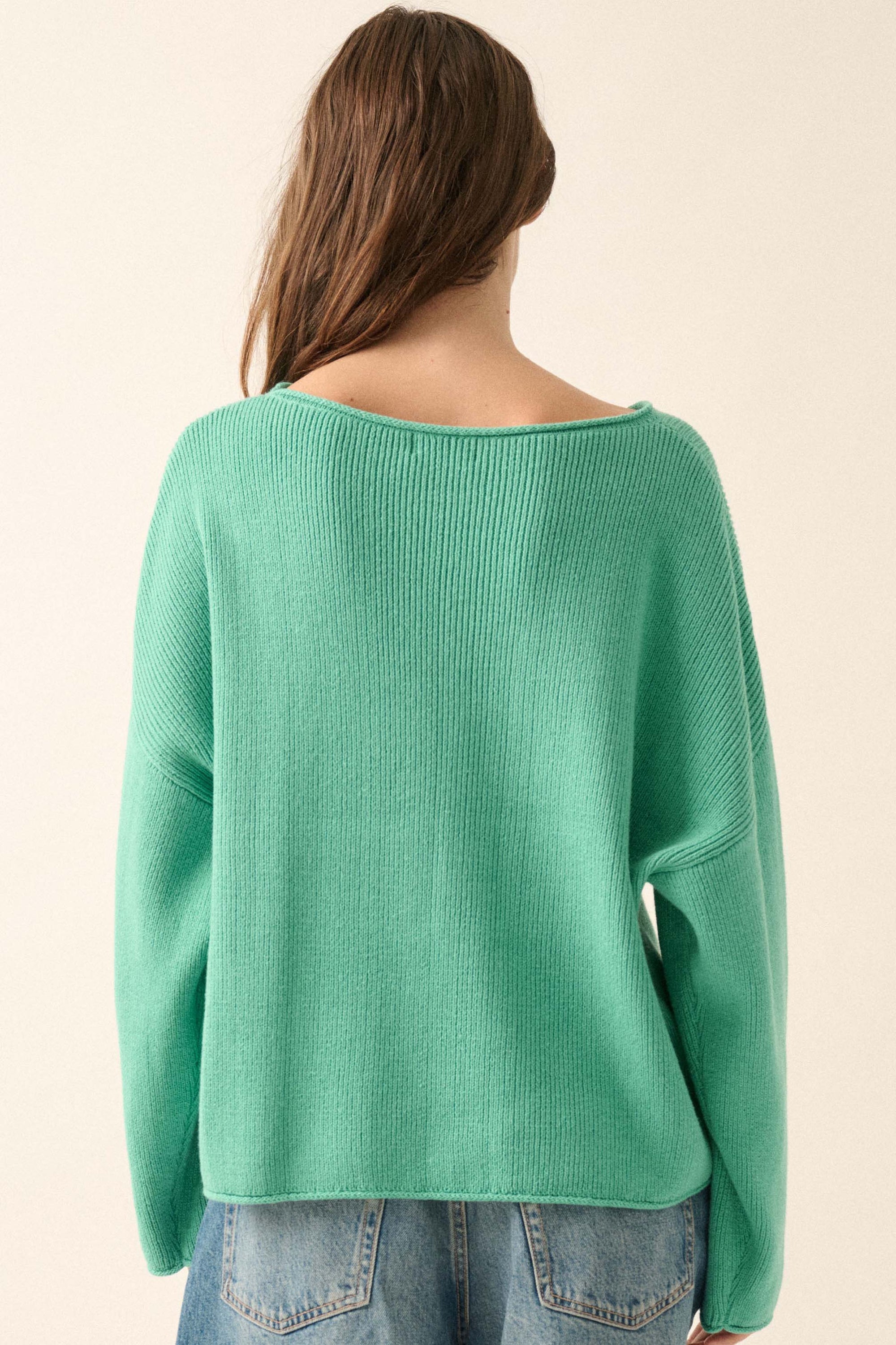 Chill Vibes Rolled-Edge Ribbed Knit Sweater