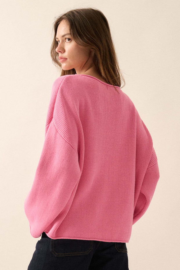 Chill Vibes Rolled-Edge Ribbed Knit Sweater - ShopPromesa