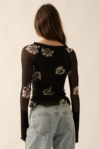 Deco Blossoms Floral Mesh Raglan Henley Top - ShopPromesa