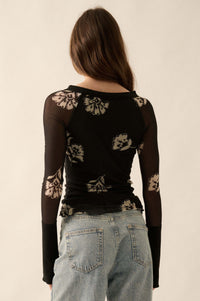 Deco Blossoms Floral Mesh Raglan Henley Top - ShopPromesa