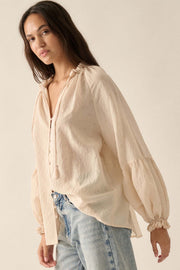 Poetic Soul Buttoned Jacquard Tie-Neck Peasant Top - ShopPromesa